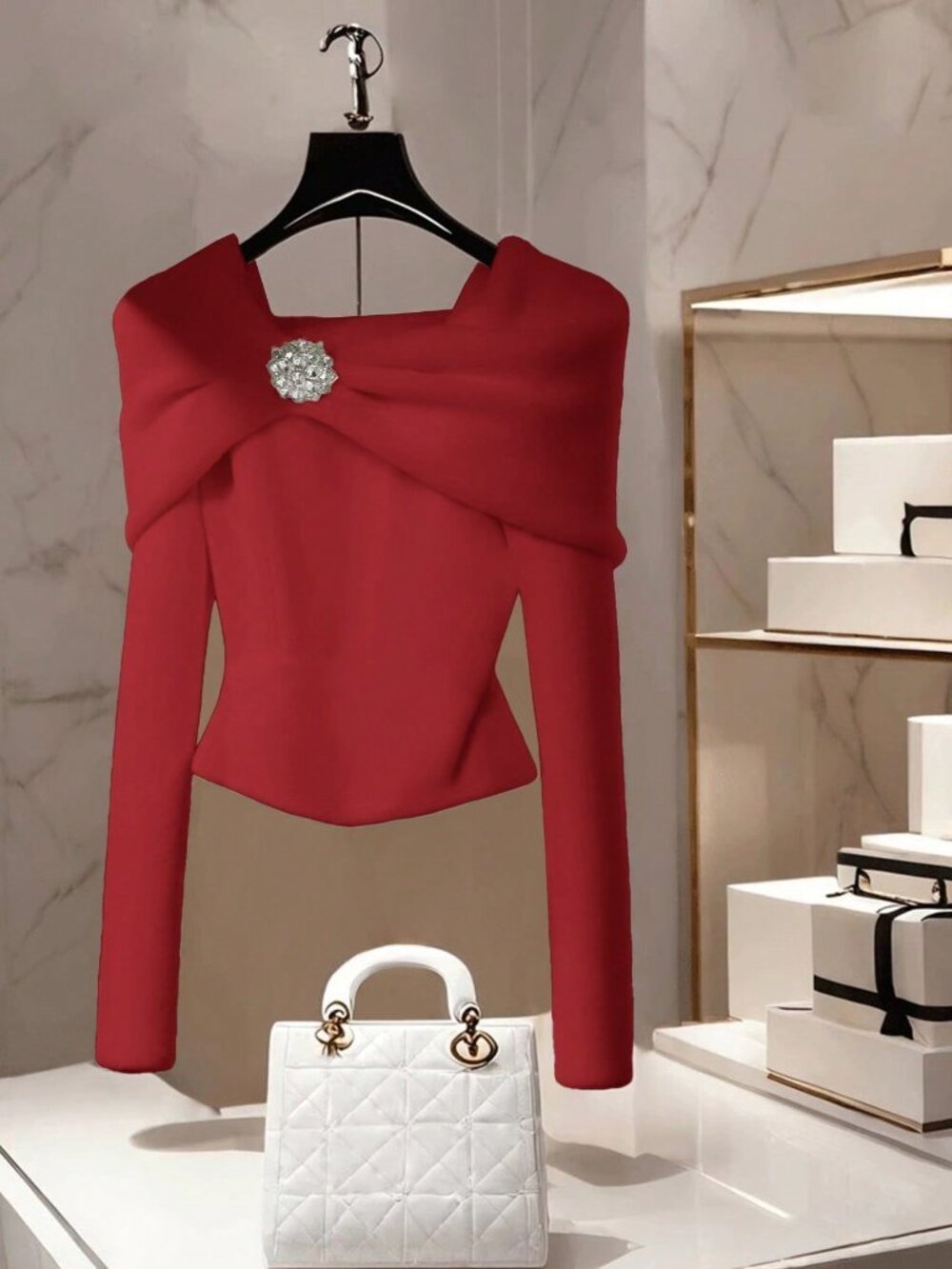 Red Casual Women's Asymmetrical Ruched 3d Rose One Shoulder Pullover Sweater